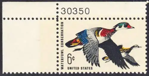 USA Michel 0971 / Scott 1362 postfrisch EINZELMARKE ECKRAND oben links m/ Platten-# 30350 - Naturschutz: Wasservögel; Brautente 