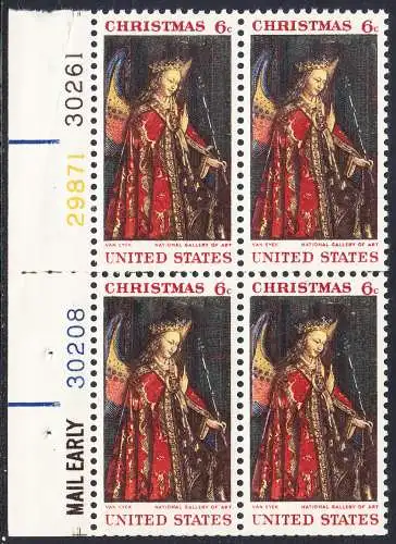 USA Michel 0972 / Scott 1363 postfrisch BLOCK RÄNDER links m/ Platten-# 30261 (a1) - Weihnachten: Die Verkündigung, Detail „Erzengel Gabriel“ 