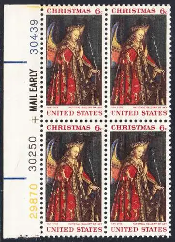 USA Michel 0972 / Scott 1363 postfrisch BLOCK RÄNDER links m/ Platten-# 30439 (a2) - Weihnachten: Die Verkündigung, Detail „Erzengel Gabriel“ 