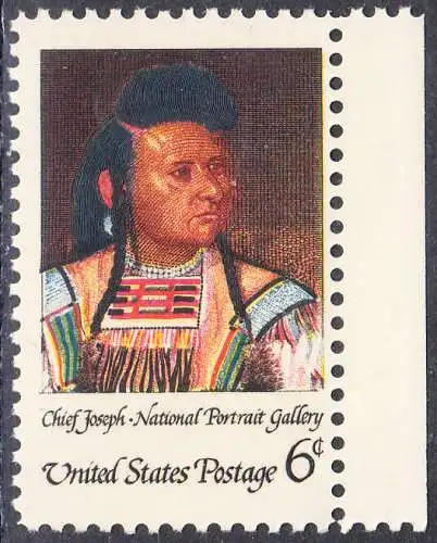 USA Michel 0973 / Scott 1364 postfrisch EINZELMARKE RAND rechts - Amerikanische Indianer, Eröffnung der National-Portrait-Galerie, Washington, DC;  Stammeshäuptling Joseph, genannt „Donner der Berge“ der Nez-Percé-Krieger