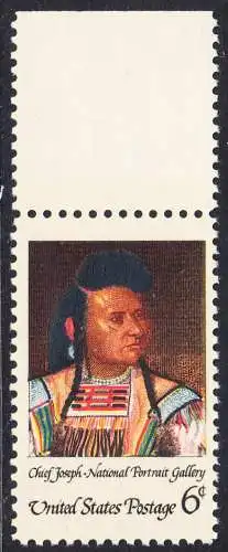 USA Michel 0973 / Scott 1364 postfrisch EINZELMARKE RAND oben (a1)- Amerikanische Indianer, Eröffnung der National-Portrait-Galerie, Washington, DC;  Stammeshäuptling Joseph, genannt „Donner der Berge“ der Nez-Percé-Krieger