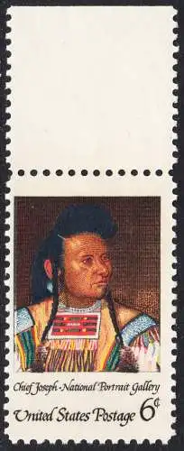 USA Michel 0973 / Scott 1364 postfrisch EINZELMARKE RAND oben (a2)- Amerikanische Indianer, Eröffnung der National-Portrait-Galerie, Washington, DC;  Stammeshäuptling Joseph, genannt „Donner der Berge“ der Nez-Percé-Krieger