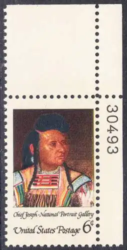 USA Michel 0973 / Scott 1364 postfrisch EINZELMARKE ECKRAND oben rechts m/ Platten-# 30493 - Amerikanische Indianer, Eröffnung der National-Portrait-Galerie, Washington, DC;  Stammeshäuptling Joseph, genannt „Donner der Berge“ der Nez-Percé-Krieger