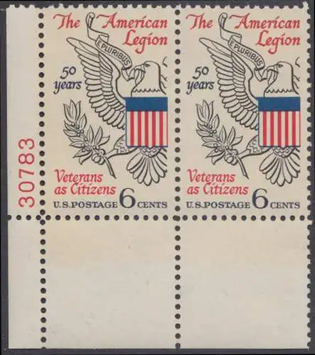 USA Michel 0979 / Scott 1369 postfrisch horiz.PAAR ECKRAND unten links m/ Platten-# 30783 (Gumm.beeintr.) - 50 Jahre Veteranen-Vereinigung „American Legion“; Adler aus dem Großen Siegel