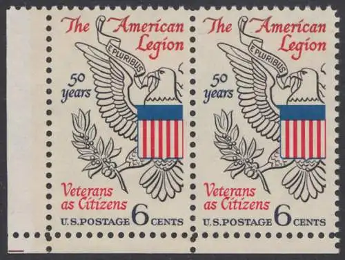USA Michel 0979 / Scott 1369 postfrisch horiz.PAAR ECKRAND unten links (Gumm.beeintr.) - 50 Jahre Veteranen-Vereinigung „American Legion“; Adler aus dem Großen Siegel