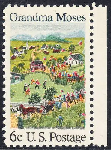 USA Michel 0980 / Scott 1370 postfrisch EINZELMARKE RAND rechts - Amerikanische Folklore: Grandma Moses; Anna Mary Moses, genannt Grandma Moses, Farmersfrau und Laienmalerin