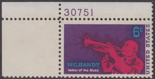 USA Michel 0982 / Scott 1372 postfrisch EINZELMARKE ECKRAND oben links m/ Platten-# 30751 - William Christopher Handy; Komponist und Jazz-Musiker, Schöpfer des „Blues“ 