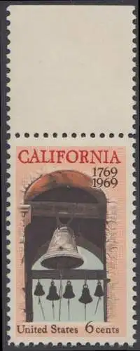 USA Michel 0983 / Scott 1373 postfrisch EINZELMARKE RAND oben (Gumm.beeintr.) - Besiedelung von Kalifornien; Glockenturm der Carmel-Mission