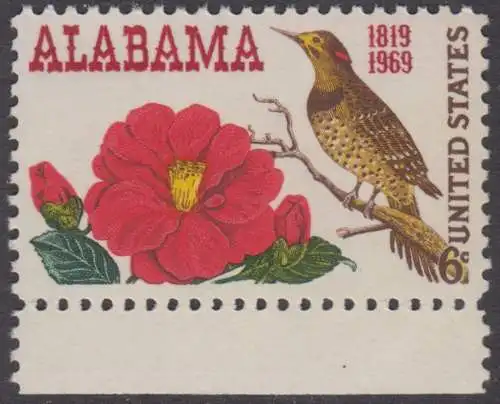 USA Michel 0985 / Scott 1375 postfrisch EINZELMARKE RAND unten - 150 Jahre Staat Alabama; Kamelie, Staatsblume von Alabama und Goldspecht