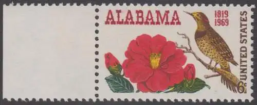 USA Michel 0985 / Scott 1375 postfrisch EINZELMARKE RAND links - 150 Jahre Staat Alabama; Kamelie, Staatsblume von Alabama und Goldspecht