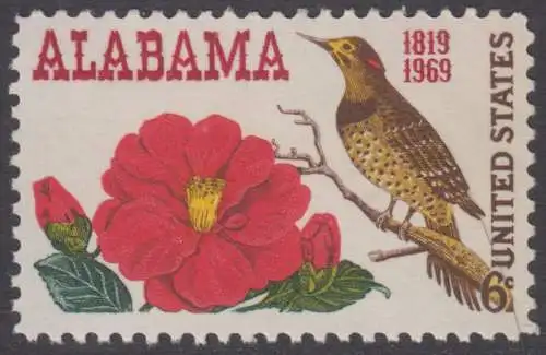 USA Michel 0985 / Scott 1375 postfrisch EINZELMARKE - 150 Jahre Staat Alabama; Kamelie, Staatsblume von Alabama und Goldspecht
