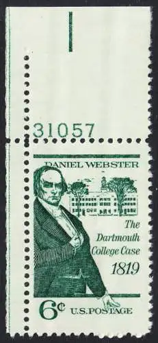 USA Michel 0991 / Scott 1380 postfrisch EINZELMARKE ECKRAND oben links m/ Platten-# 31057 - 150. Jahrestag des erfolgreichen Abschlusses des Dartmouth-College-Prozesses durch Daniel Webster, Rechtsanwalt und Politiker