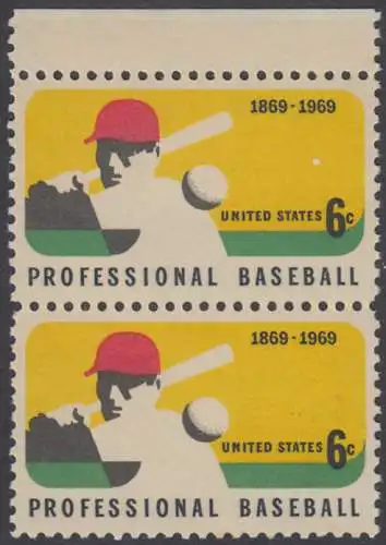 USA Michel 0992 / Scott 1381 postfrisch vert.PAAR RAND oben (Gumm.beeintr.)- 100 Jahre Profi-Baseball; Baseballspieler - Schlagmann