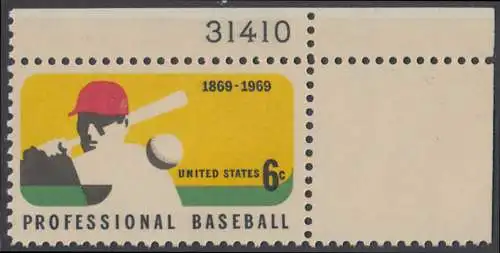USA Michel 0992 / Scott 1381 postfrisch EINZELMARKE ECKRAND oben rechts m/ Platten-# 31410 (Gumm.beeintr.)- 100 Jahre Profi-Baseball; Baseballspieler - Schlagmann