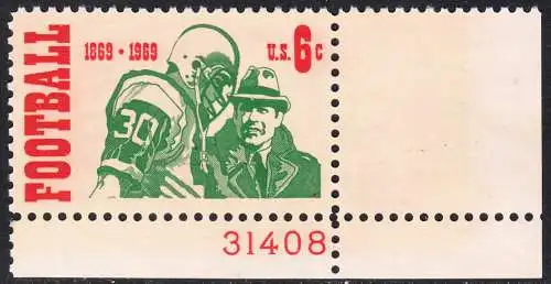 USA Michel 0993 / Scott 1382 postfrisch EINZELMARKE ECKRAND unten rechts m/ Platten-# 31408 - 100 Jahre College-Football-Meisterschaften; Footballspieler mit Trainer