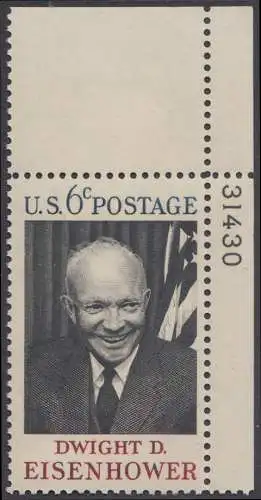 USA Michel 0994 / Scott 1383 postfrisch EINZELMARKE ECKRAND oben rechts m/ Platten-# 31430 (Gumm.beeintr.) - Tod von Dwight David Eisenhower; 34. Präsident