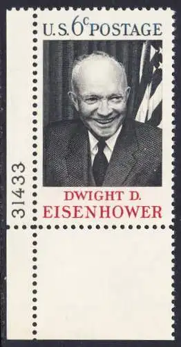 USA Michel 0994 / Scott 1383 postfrisch EINZELMARKE ECKRAND unten links m/ Platten-# 31433 - Tod von Dwight David Eisenhower; 34. Präsident