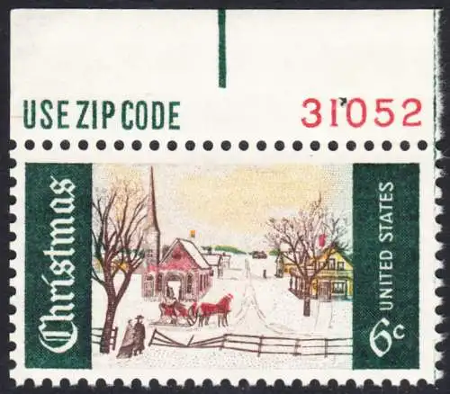 USA Michel 0995 / Scott 1384 postfrisch EINZELMARKE RAND oben m/ Platten-# 31052 - Weihnachten; Wintersonntag in Norway, ME