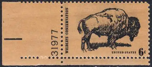 USA Michel 1004 / Scott 1392 postfrisch EINZELMARKE ECKRAND unten links m/ Platten-# 31977 - Naturschutz: Bison