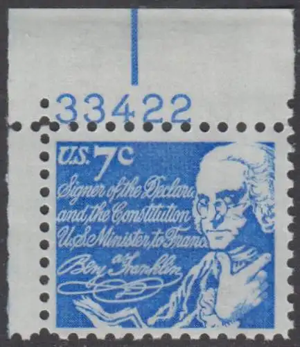 USA Michel 1086 / Scott 1393D postfrisch EINZELMARKE ECKRAND oben links m/ Platten-# 33422 - Berühmte Amerikaner: Benjamin Franklin, Staatsmann und Schriftsteller 