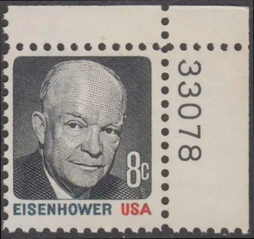 USA Michel 1031 / Scott 1394 postfrisch EINZELMARKE ECKRAND oben rechts m/ Platten-# 33048 - Berühmte Amerikaner: Dwight David Eisenhower (1890-1969), 34. Präsident