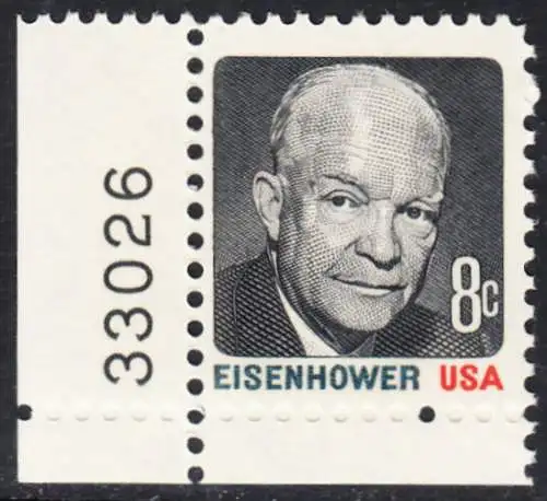USA Michel 1031 / Scott 1394 postfrisch EINZELMARKE ECKRAND unten links m/ Platten-# 33026 (a1) - Berühmte Amerikaner: Dwight David Eisenhower (1890-1969), 34. Präsident
