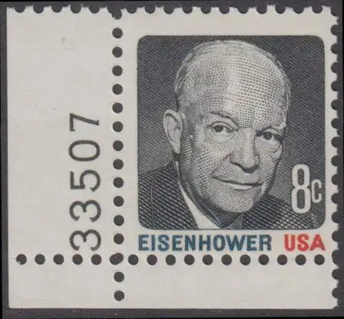 USA Michel 1031 / Scott 1394 postfrisch EINZELMARKE ECKRAND unten links m/ Platten-# 33507 (a2) - Berühmte Amerikaner: Dwight David Eisenhower (1890-1969), 34. Präsident