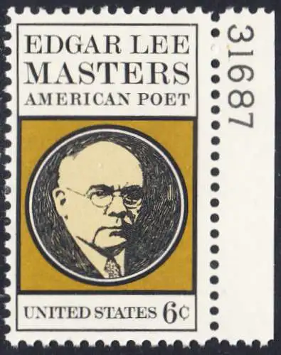 USA Michel 1007 / Scott 1405 postfrisch EINZELMARKE RAND rechts m/ Platten-# 31687 - Edgar Lee Masters, Dichter 