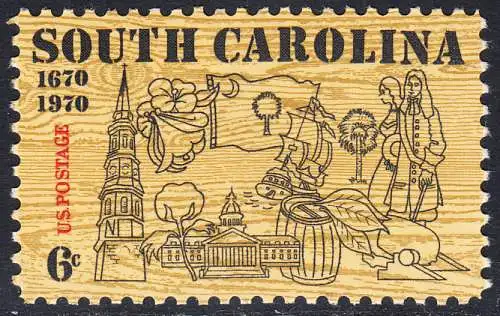 USA Michel 1009 / Scott 1407 postfrisch EINZELMARKE (a2) - 300. Jahrestag der ersten englischen Ansiedlung in Charleston, SC; Turm der St.-Philipp-Kirche, Kapitol, Staatsblume (Jasmin), S. Carolina-Fahne, Baumwolle, Tabak