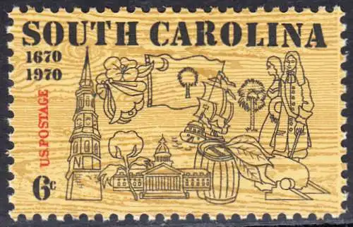 USA Michel 1009 / Scott 1407 postfrisch EINZELMARKE (a4) - 300. Jahrestag der ersten englischen Ansiedlung in Charleston, SC; Turm der St.-Philipp-Kirche, Kapitol, Staatsblume (Jasmin), S. Carolina-Fahne, Baumwolle, Tabak
