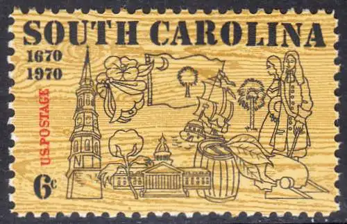 USA Michel 1009 / Scott 1407 postfrisch EINZELMARKE (a5) - 300. Jahrestag der ersten englischen Ansiedlung in Charleston, SC; Turm der St.-Philipp-Kirche, Kapitol, Staatsblume (Jasmin), S. Carolina-Fahne, Baumwolle, Tabak
