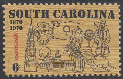 USA Michel 1009 / Scott 1407 postfrisch EINZELMARKE (Gumm.beeintr.) - 300. Jahrestag der ersten englischen Ansiedlung in Charleston, SC; Turm der St.-Philipp-Kirche, Kapitol, Staatsblume (Jasmin), S. Carolina-Fahne, Baumwolle, Tabak