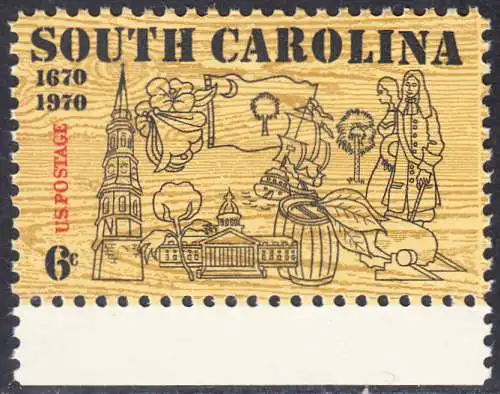 USA Michel 1009 / Scott 1407 postfrisch EINZELMARKE RAND unten - 300. Jahrestag der ersten englischen Ansiedlung in Charleston, SC; Turm der St.-Philipp-Kirche, Kapitol, Staatsblume (Jasmin), S. Carolina-Fahne, Baumwolle, Tabak