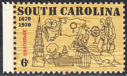 USA Michel 1009 / Scott 1407 postfrisch EINZELMARKE RAND links - 300. Jahrestag der ersten englischen Ansiedlung in Charleston, SC; Turm der St.-Philipp-Kirche, Kapitol, Staatsblume (Jasmin), S. Carolina-Fahne, Baumwolle, Tabak
