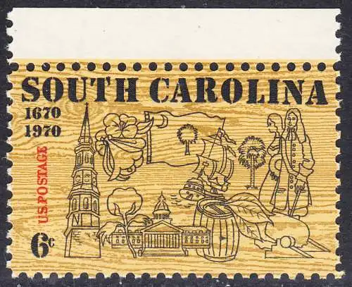 USA Michel 1009 / Scott 1407 postfrisch EINZELMARKE RAND oben - 300. Jahrestag der ersten englischen Ansiedlung in Charleston, SC; Turm der St.-Philipp-Kirche, Kapitol, Staatsblume (Jasmin), S. Carolina-Fahne, Baumwolle, Tabak
