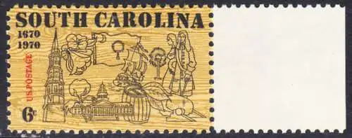 USA Michel 1009 / Scott 1407 postfrisch EINZELMARKE RAND rechts (a2) - 300. Jahrestag der ersten englischen Ansiedlung in Charleston, SC; Turm der St.-Philipp-Kirche, Kapitol, Staatsblume (Jasmin), S. Carolina-Fahne, Baumwolle, Tabak