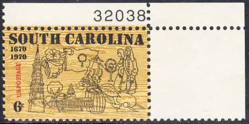 USA Michel 1009 / Scott 1407 postfrisch EINZELMARKE ECKRAND oben rechts m/ Platten-# 32038 - 300. Jahrestag der ersten englischen Ansiedlung in Charleston, SC; Turm der St.-Philipp-Kirche, Kapitol, Staatsblume (Jasmin), S. Carolina-Fahne, Baumwolle, Tabak