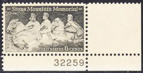 USA Michel 1010 / Scott 1408 postfrisch EINZELMARKE ECKRAND unten rechts m/ Platten-# 32259 - Nationales Monumentalrelief in Stone Mountain, GA; Robert E. Lee, Jefferson Davis, „Stonewall“ Jackson