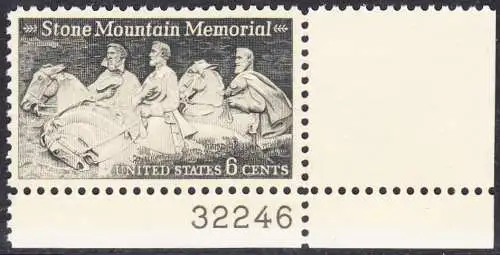 USA Michel 1010 / Scott 1408 postfrisch EINZELMARKE ECKRAND unten rechts m/ Platten-# 32246 - Nationales Monumentalrelief in Stone Mountain, GA; Robert E. Lee, Jefferson Davis, „Stonewall“ Jackson