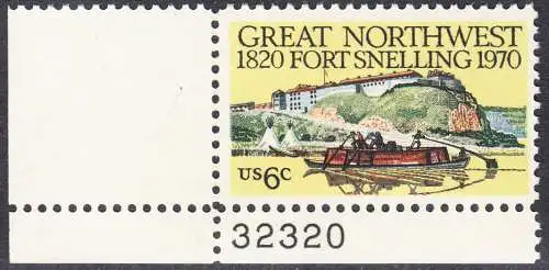 USA Michel 1011 / Scott 1409 postfrisch EINZELMARKE ECKRAND unten links m/ Platten-# 32320 - Fort Snelling, Minnesota.; altes Flussboot
