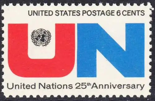 USA Michel 1021 / Scott 1419 postfrisch EINZELMARKE (a2) - 25 Jahre Vereinte Nationen (UNO): UNO-Emblem, Inschrift 