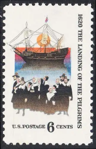 USA Michel 1022 / Scott 1420 postfrisch EINZELMARKE (a2) - 350. Jahrestag der Ankunft der „Mayflower“ und der Gründung der Massachusetts-Kolonie; Gruppe der 102 „Pilgerväter“ bei ihrer Ankunft in Nordamerika