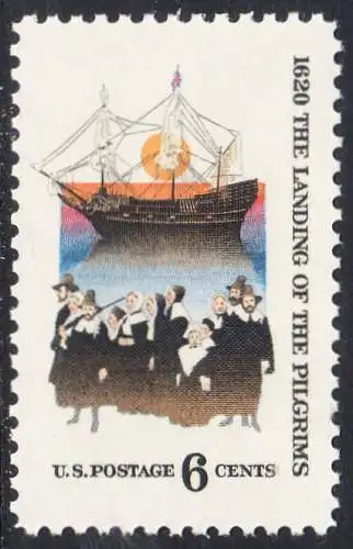 USA Michel 1022 / Scott 1420 postfrisch EINZELMARKE (a3) - 350. Jahrestag der Ankunft der „Mayflower“ und der Gründung der Massachusetts-Kolonie; Gruppe der 102 „Pilgerväter“ bei ihrer Ankunft in Nordamerika