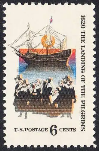 USA Michel 1022 / Scott 1420 postfrisch EINZELMARKE (a4) - 350. Jahrestag der Ankunft der „Mayflower“ und der Gründung der Massachusetts-Kolonie; Gruppe der 102 „Pilgerväter“ bei ihrer Ankunft in Nordamerika