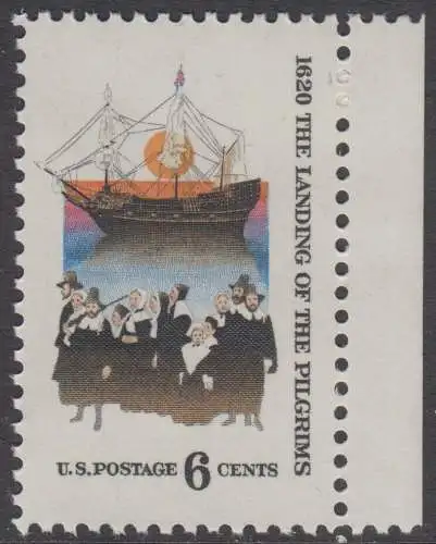 USA Michel 1022 / Scott 1420 postfrisch EINZELMARKE RAND rechts - 350. Jahrestag der Ankunft der „Mayflower“ und der Gründung der Massachusetts-Kolonie; Gruppe der 102 „Pilgerväter“ bei ihrer Ankunft in Nordamerika