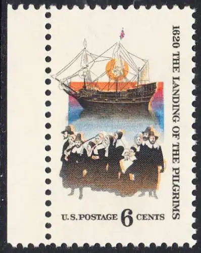 USA Michel 1022 / Scott 1420 postfrisch EINZELMARKE RAND links - 350. Jahrestag der Ankunft der „Mayflower“ und der Gründung der Massachusetts-Kolonie; Gruppe der 102 „Pilgerväter“ bei ihrer Ankunft in Nordamerika