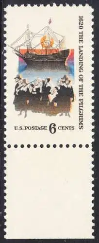 USA Michel 1022 / Scott 1420 postfrisch EINZELMARKE RAND unten - 350. Jahrestag der Ankunft der „Mayflower“ und der Gründung der Massachusetts-Kolonie; Gruppe der 102 „Pilgerväter“ bei ihrer Ankunft in Nordamerika