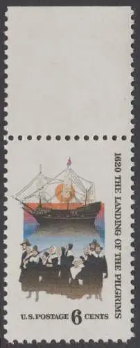 USA Michel 1022 / Scott 1420 postfrisch EINZELMARKE RAND oben - 350. Jahrestag der Ankunft der „Mayflower“ und der Gründung der Massachusetts-Kolonie; Gruppe der 102 „Pilgerväter“ bei ihrer Ankunft in Nordamerika