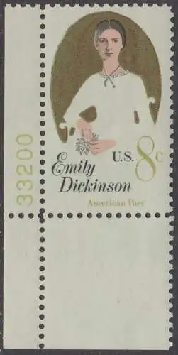 USA Michel 1048 / Scott 1436 postfrisch EINZELMARKE ECKRAND unten links m/ Platten-# 33200 (Gumm.beeintr.) - Emily E. Dickinson (1830-1886), Dichterin