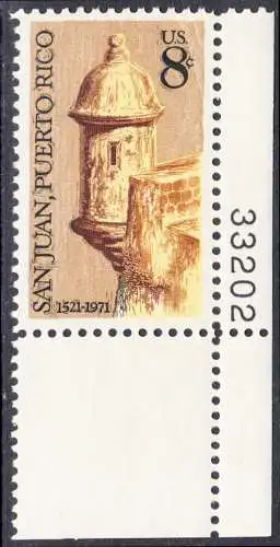 USA Michel 1049 / Scott 1437 postfrisch EINZELMARKE ECKRAND unten rechts m/ Platten-# 33202 (a2) - 450 Jahre San Juan, Puerto Rico; Wachturm der El-Morro-Festung